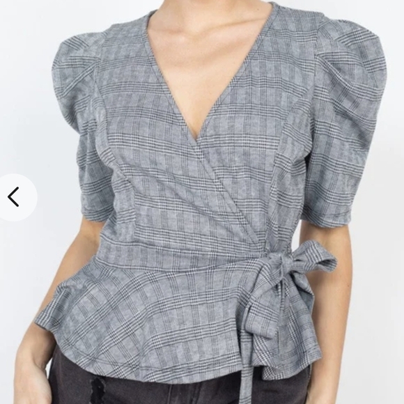 Haute Monde puff sleeve plaid faux wrap top - Picture 1 of 16